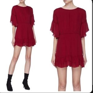 Alice + Olivia Katrina Bell Sleeve Ruffle Hem Silk Dress In Bordeaux